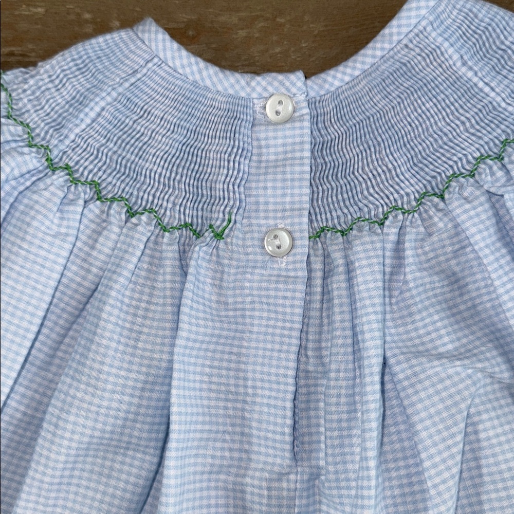 Southern Sunshine Girl Blue Gingham Gobble Gobble Smocked Long Bubble - 9M - Picture 11 of 11